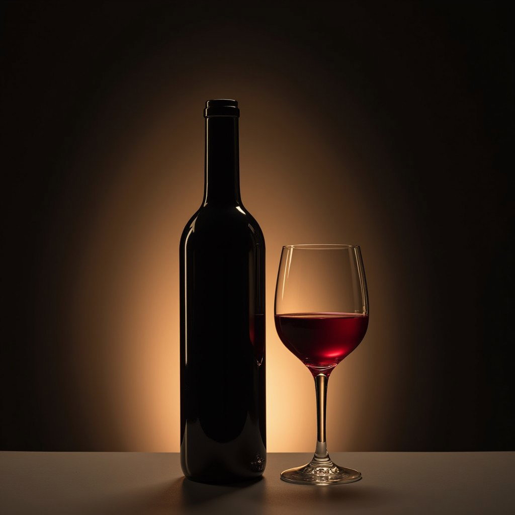 A sophisticated composition featuring a sleek red wine bottle without a label alongside an elegantly shaped wine glass, filled to halfway with rich red wine