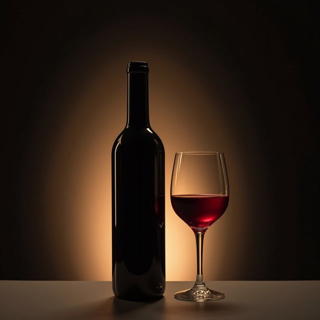 A sophisticated composition featuring a sleek red wine bottle without a label alongside an elegantly shaped wine glass, filled to halfway with rich red wine