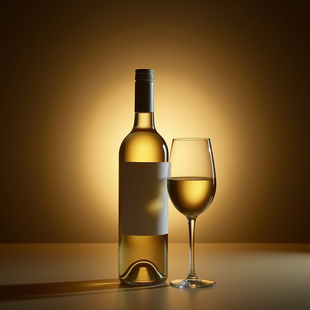 A sophisticated display featuring a white wine bottle without a label and a wine glass containing approximately half full of crisp white wine