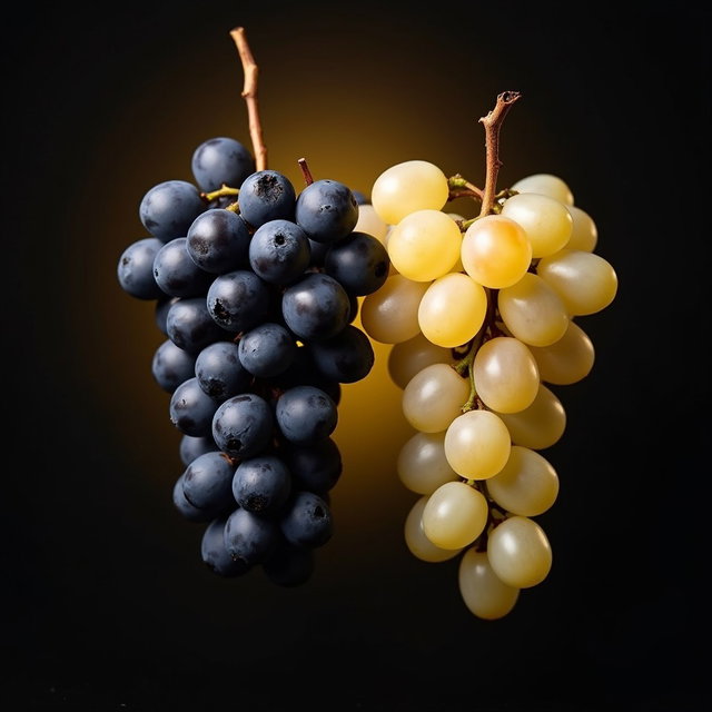 A sophisticated arrangement of black and white grapes, presented side by side on a soft light black background