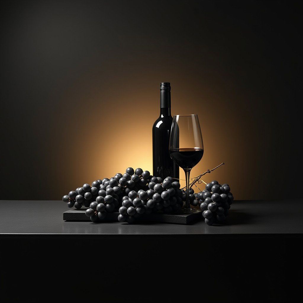An artistic display of grapes, elegantly arranged in a row on a gable, placed on a sleek black table