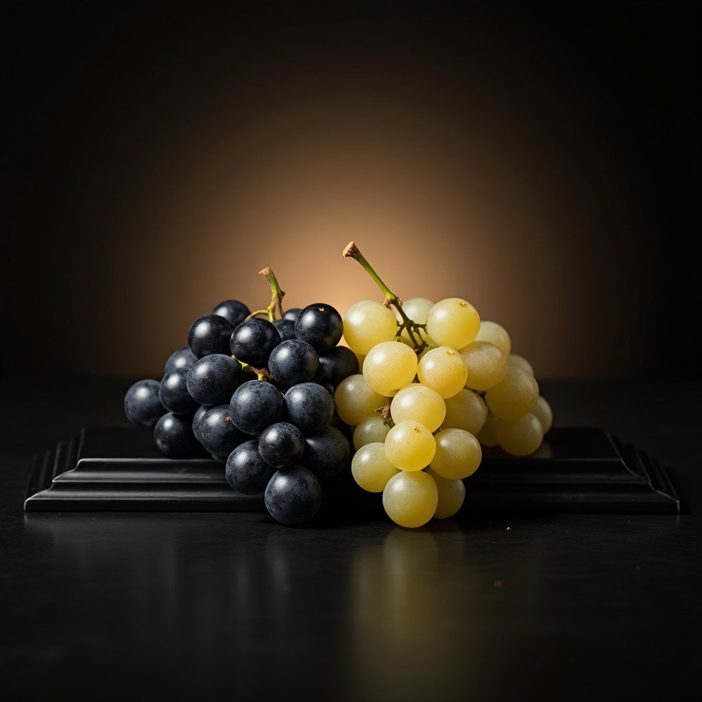 A striking composition of black and white grapes displayed side by side on a stylish gable, set against a sleek black table