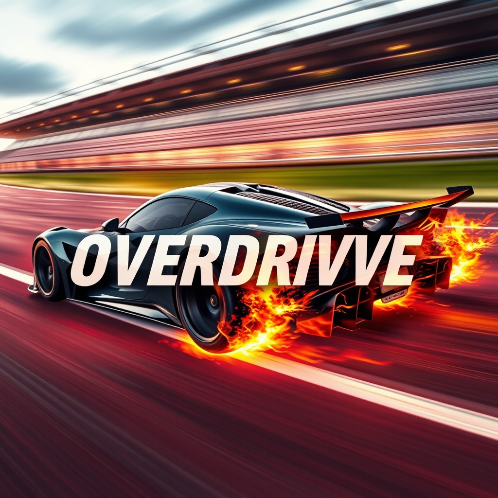 A dynamic and intense image featuring the word 'OVERDRIVE' boldly overlaying a sleek racing car