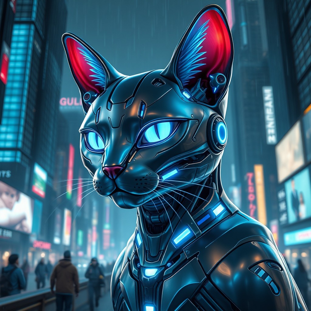 An impressive and futuristic rendering of a cybernetic feline creature, showcasing sleek metallic fur with glowing accents