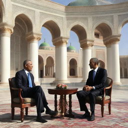 President Obama and President Mirziyoyev meeting in Uzbekistan with notable Uzbek architecture in the background