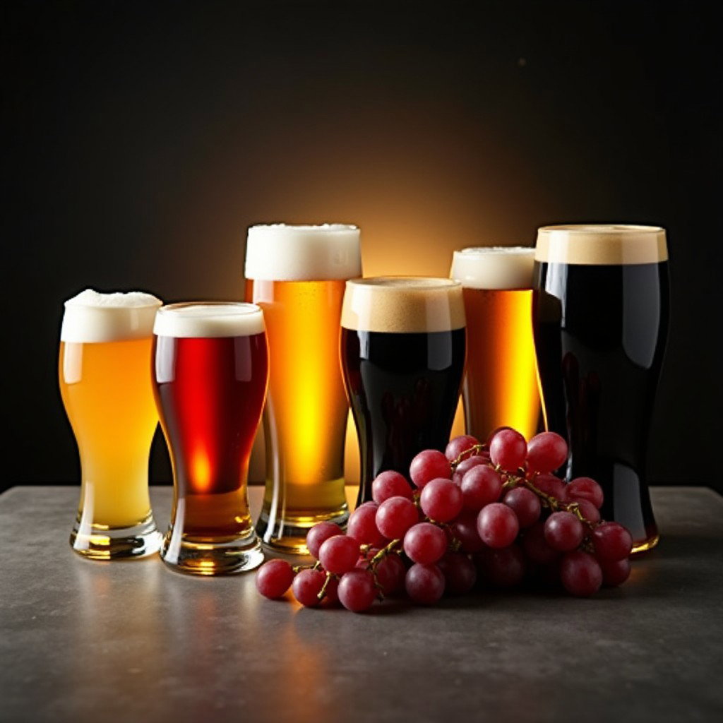 An inviting display of various draft beers, including House Lager, Detour, Cream Ale, Light Lager, Pale Ale, Black Lager, and Guinness, presented in an assortment of small and large beer glasses