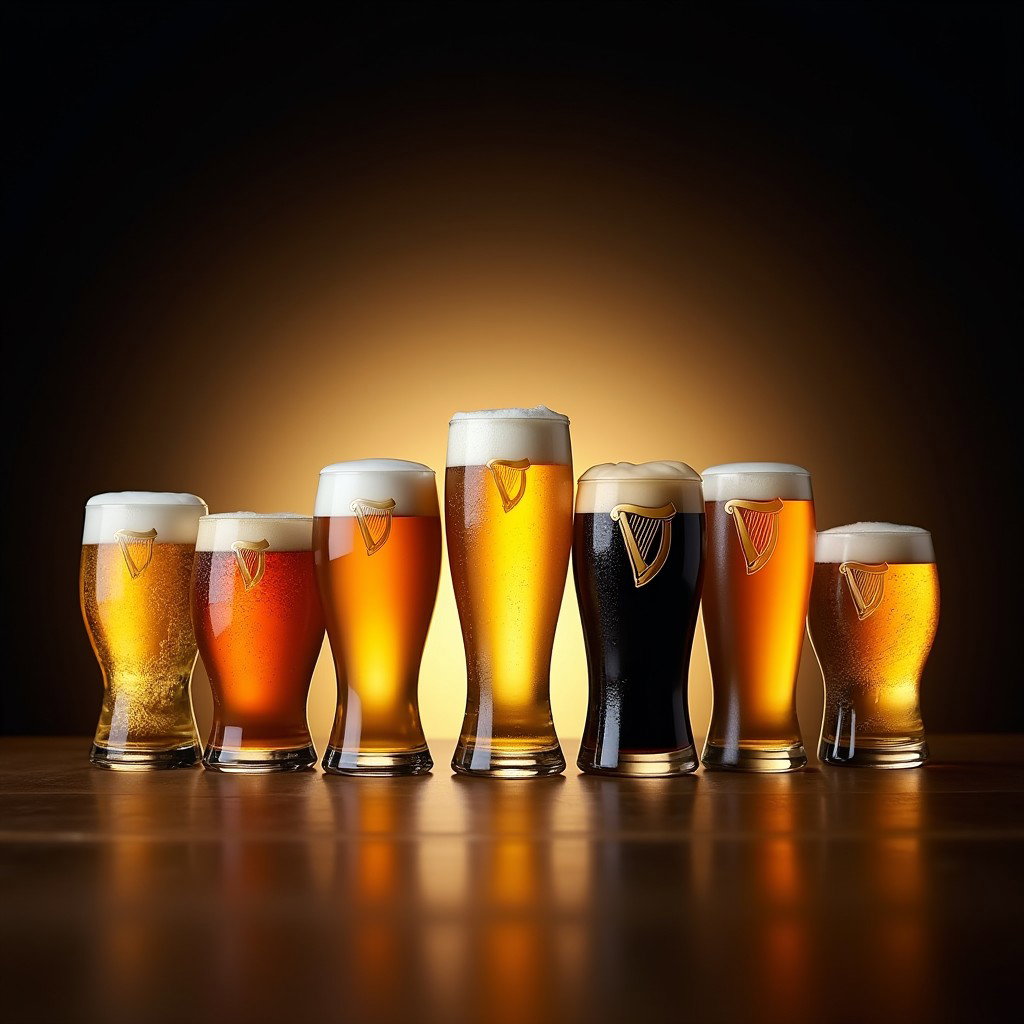 A captivating display of various draft beers including House Lager, Detour, Cream Ale, Light Lager, Pale Ale, Black Lager, and Guinness, presented in an assortment of small and large beer glasses
