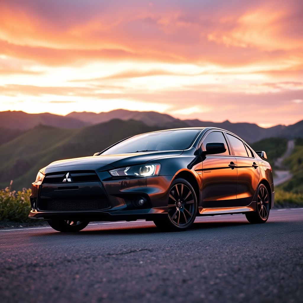 A sleek and stylish Mitsubishi Lancer EX parked on a scenic road during sunset