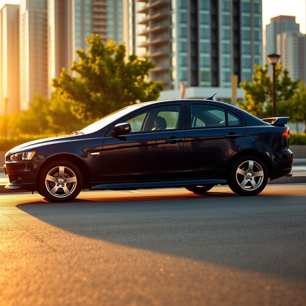 A stunning 2008 Mitsubishi Lancer EX in deep navy blue, parked gracefully on a stylish urban street