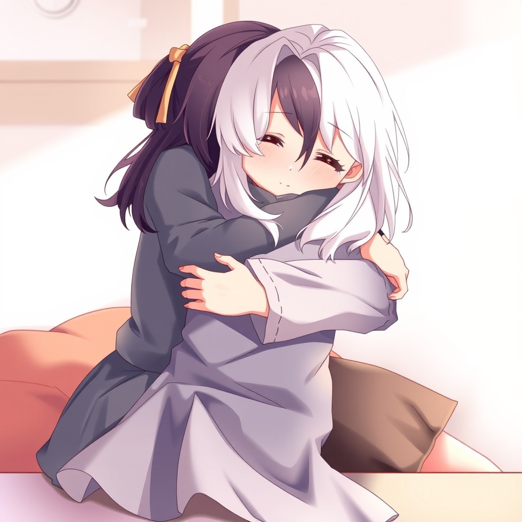 A scene featuring two girls closely embracing, capturing the warm bond between them