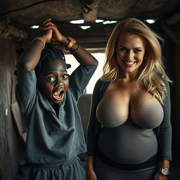 Inside a rundown, abandoned shack, a striking scene captures a 19-year-old malnourished African woman with deep black skin, her hands clutched to her head in despair