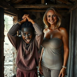 Inside a rundown, abandoned shack, a striking scene captures a 19-year-old malnourished African woman with deep black skin, her hands clutched to her head in despair