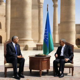 President Obama and President Mirziyoyev meeting in Uzbekistan with notable Uzbek architecture in the background