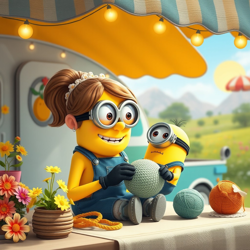 A female minion crocheting a small plush minion with glasses under the awning of a caravan, surrounded by a festive holiday decor
