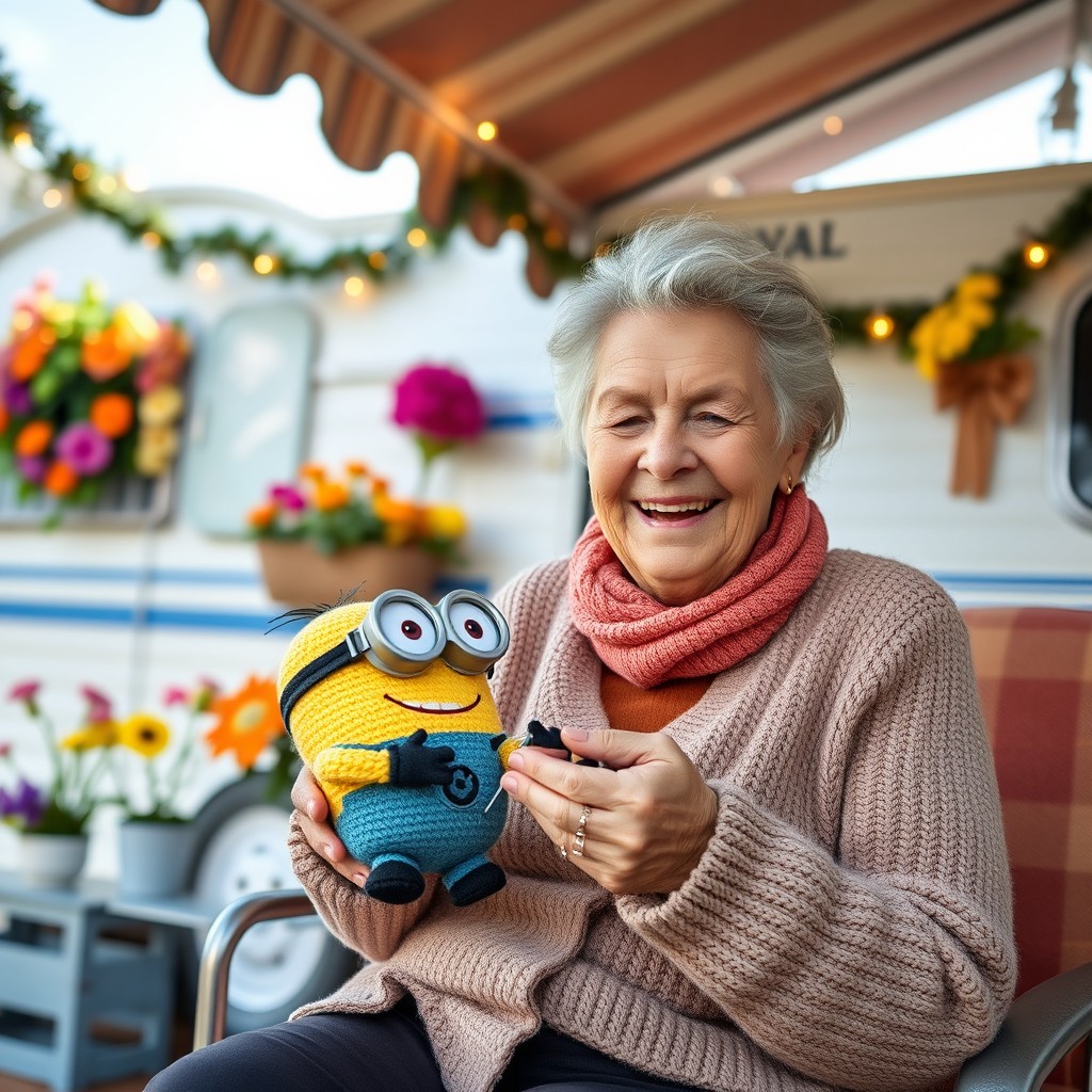 An older woman crocheting with her knitting needles a small plush minion with glasses under the awning of a caravan, surrounded by a charming holiday decor