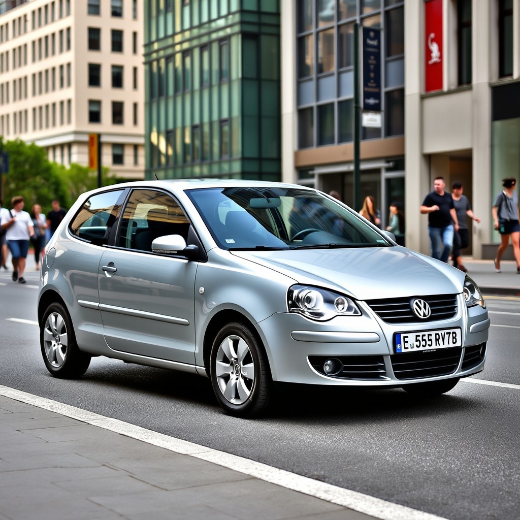 A 2009 Volkswagen Polo 9N parked on a bustling city street