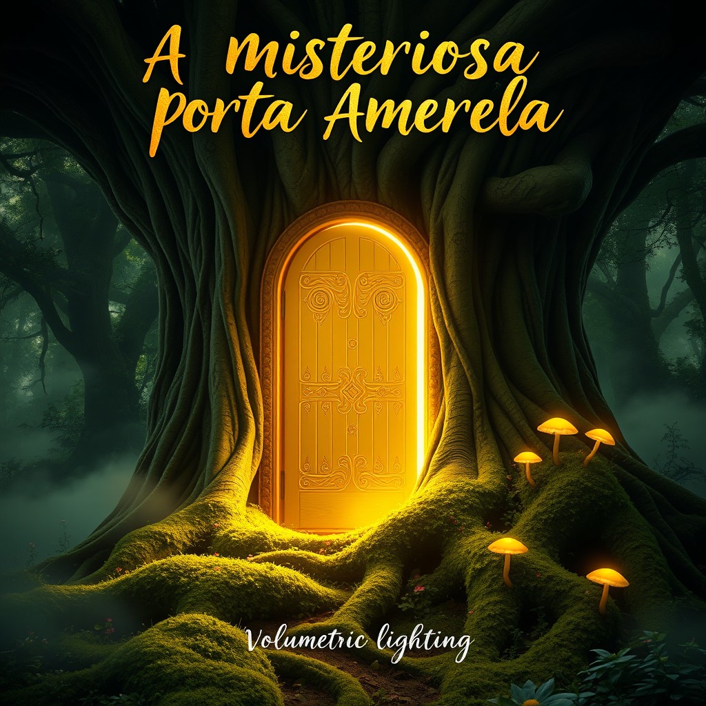 A mystical yellow door, intricately carved with symbols, standing half-open with radiant golden light spilling out, illuminating the ground and mist around it