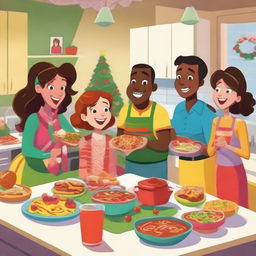 Two cartoon parents, along with their three teenage daughters, cheerfully preparing a festive meal and swapping gifts, inside a vibrant and colourful kitchen setting befitting of a heartwarming animated holiday special