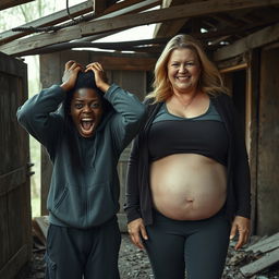 In a rundown abandoned shack, a scene unfolds featuring a desperate 19-year-old black African woman with very dark skin, expressing intense agony