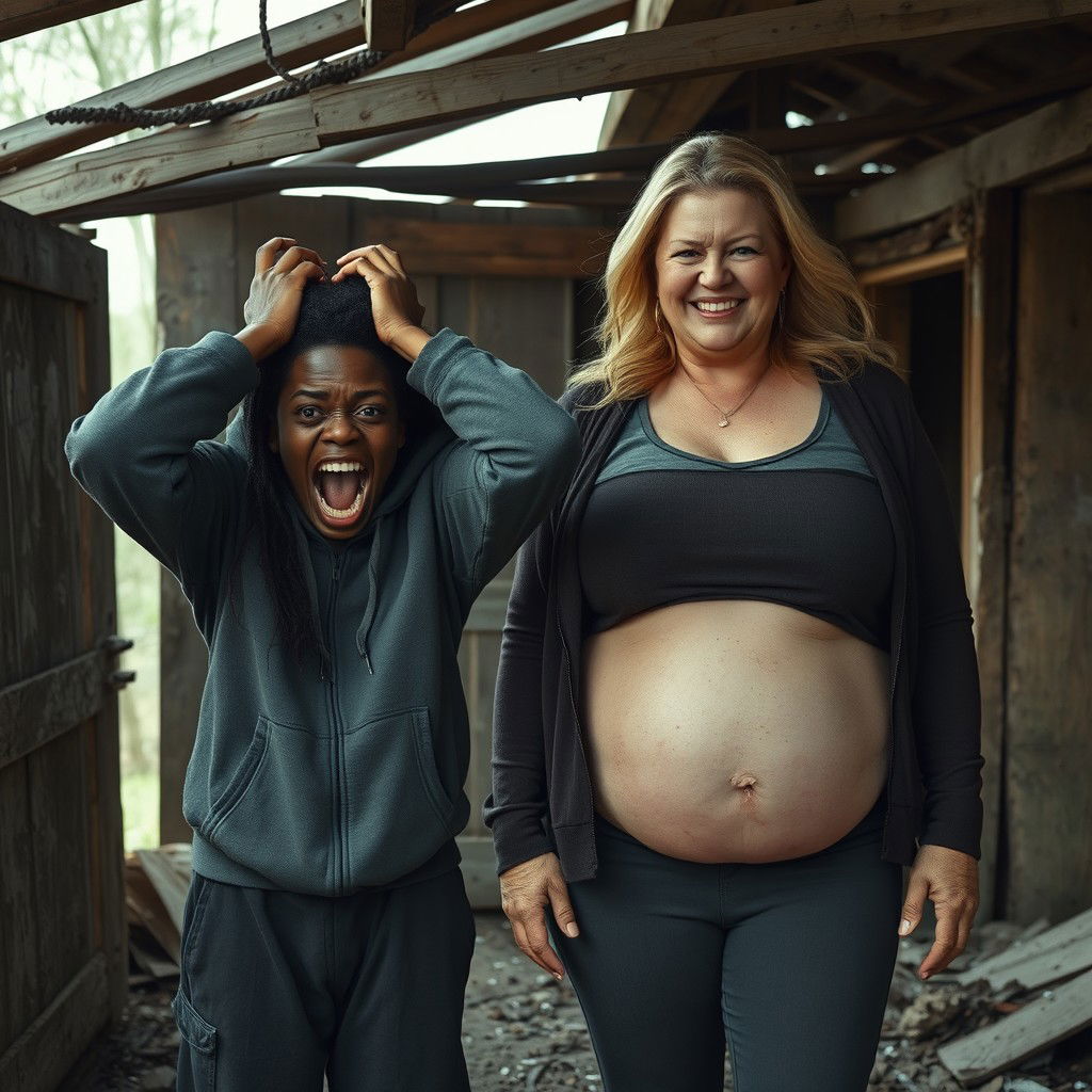 In a rundown abandoned shack, a scene unfolds featuring a desperate 19-year-old black African woman with very dark skin, expressing intense agony