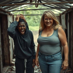 In a rundown abandoned shack, a scene unfolds featuring a desperate 19-year-old black African woman with very dark skin, expressing intense agony