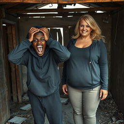 In a rundown abandoned shack, a scene unfolds featuring a desperate 19-year-old black African woman with very dark skin, expressing intense agony