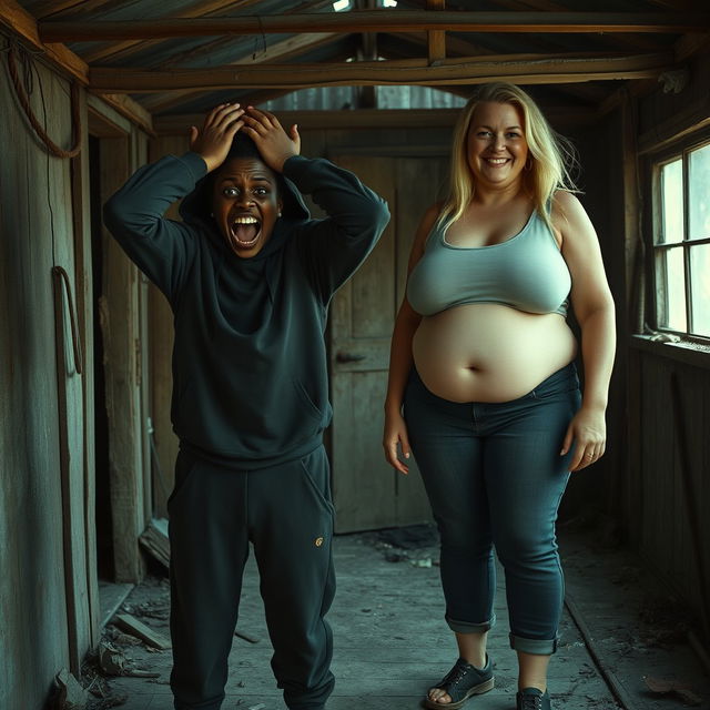 In a rundown abandoned shack, a scene unfolds featuring a desperate 19-year-old black African woman with very dark skin, expressing intense agony