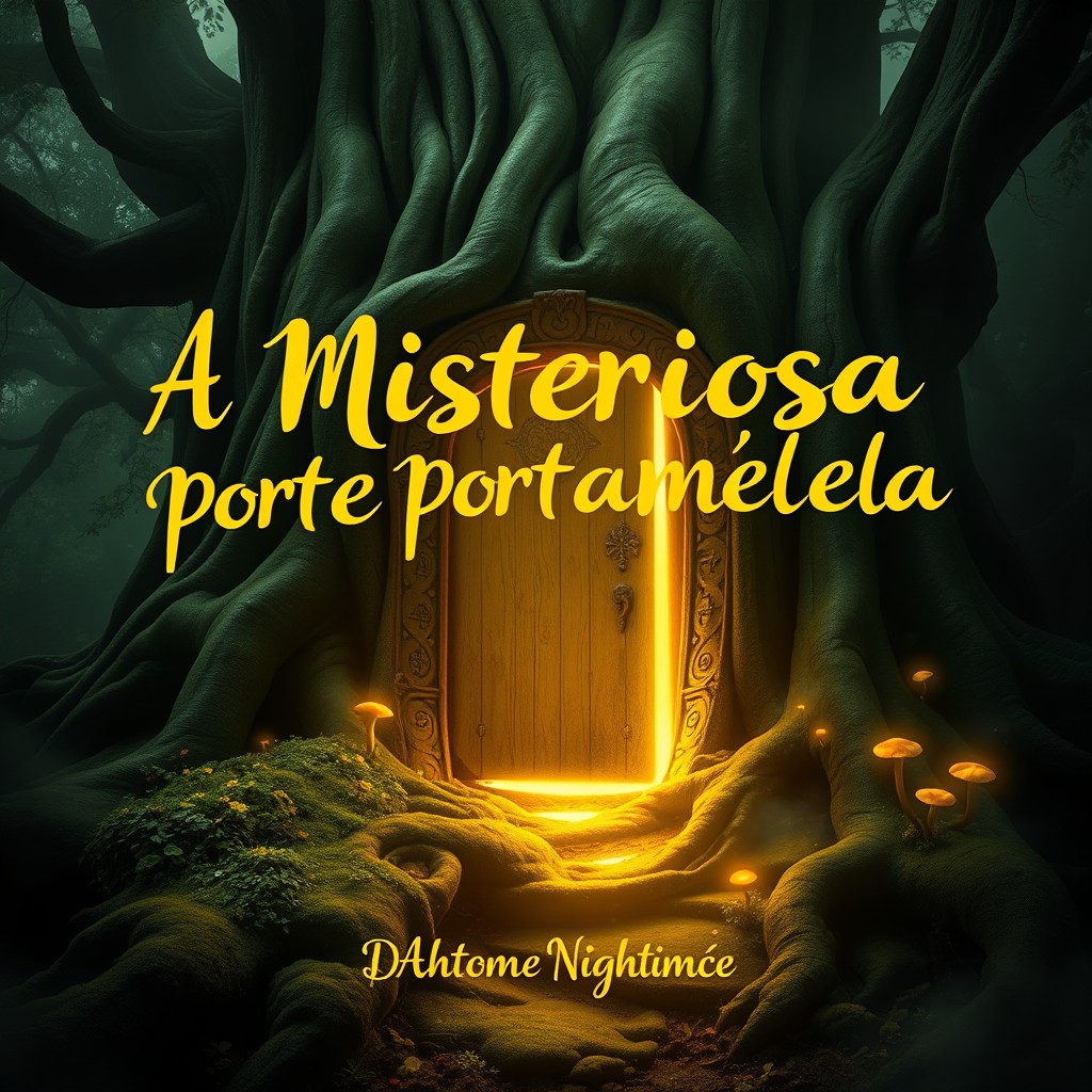 A mysterious yellow door, intricately carved with various symbols, slightly ajar to reveal a radiant golden light spilling out, illuminating the ground and surrounding mist
