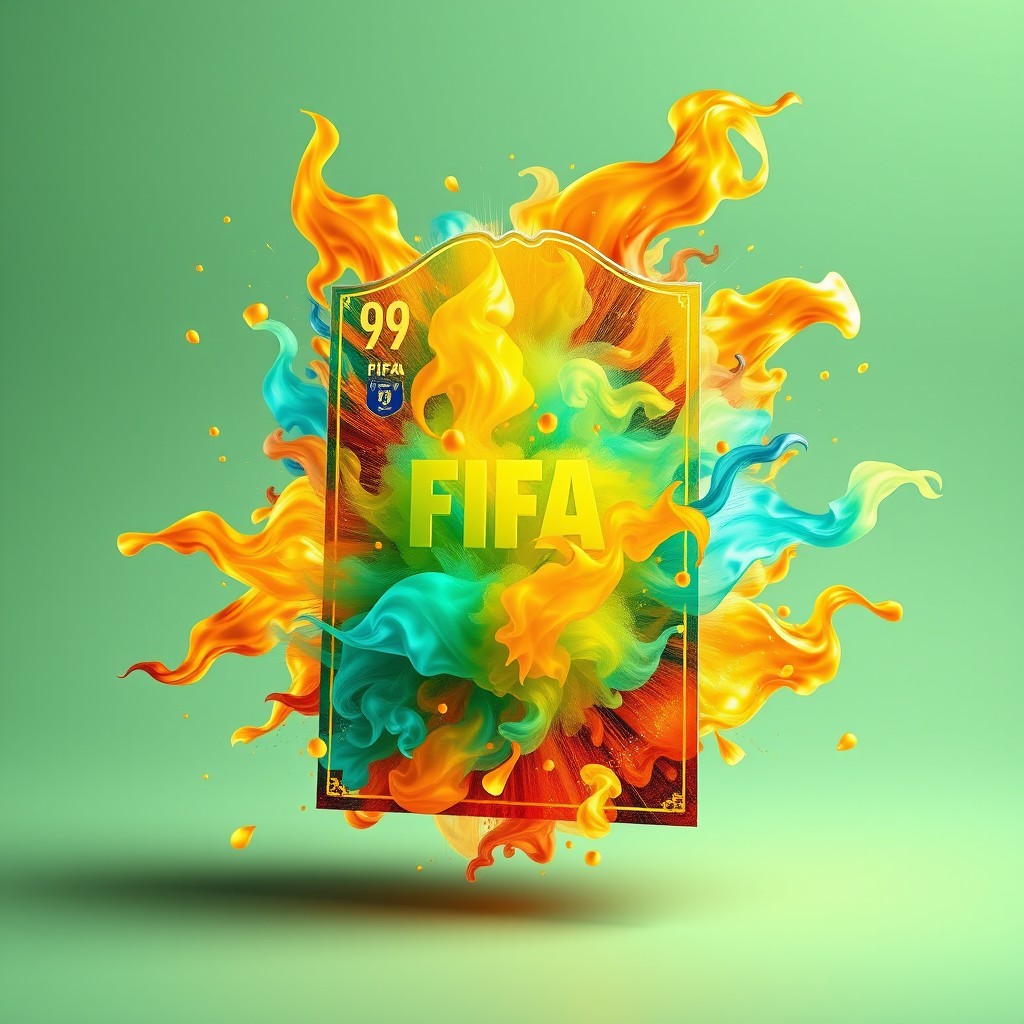 An explosive FIFA-style card design bursting with vibrant flames and hyper-realistic shades of cyan, gold, and chartreuse