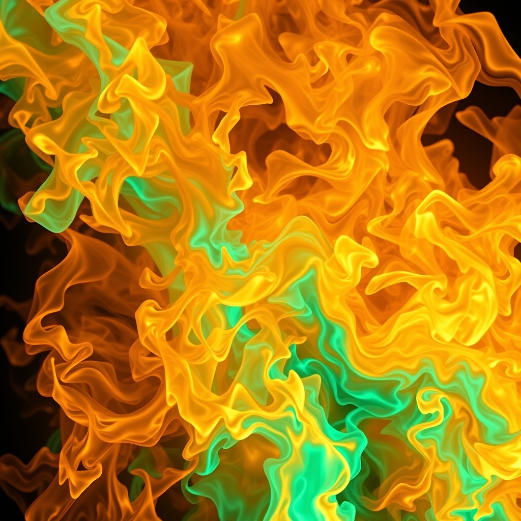 A spectacular display of flames combined with hyper-realistic shades of cyan, gold, and chartreuse
