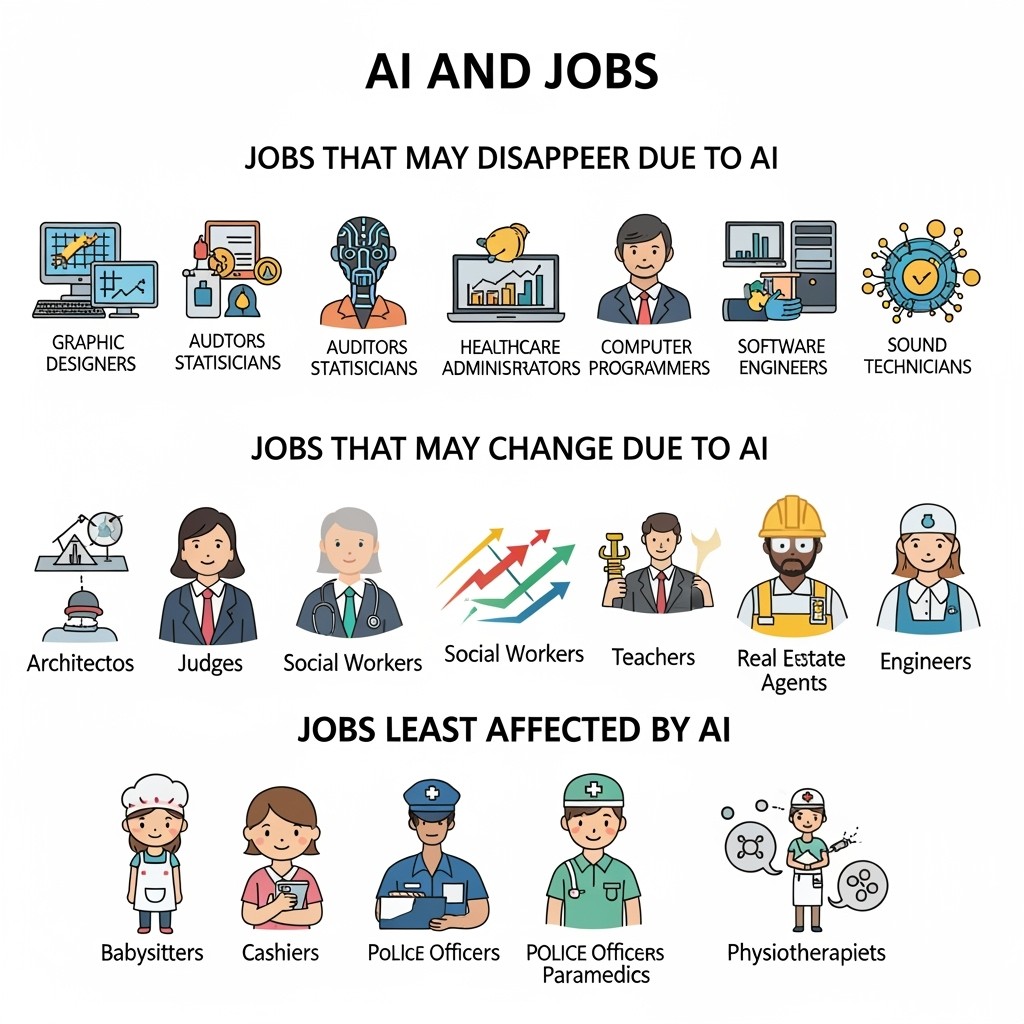 A visually engaging infographic titled 'AI and Jobs' that outlines the effects of artificial intelligence on various professions
