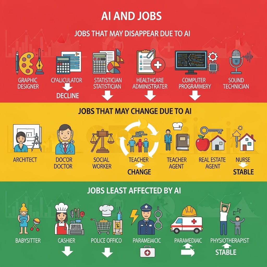 An illustrative infographic titled 'AI and Jobs' that visually categorizes the impact of artificial intelligence on different professions