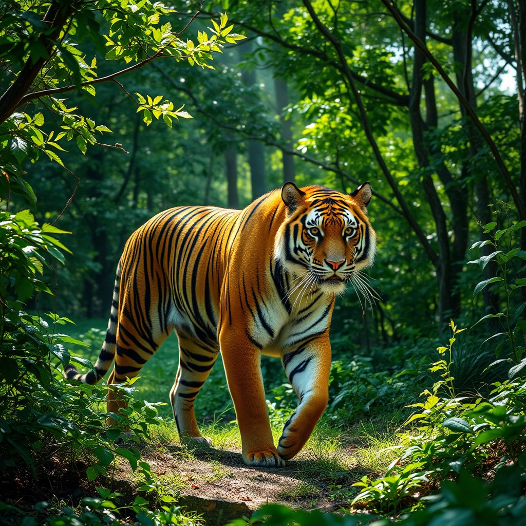 A majestic tiger walking through a dense, lush forest