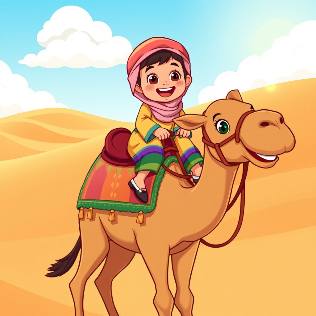 A colorful cartoon scene featuring an adorable Arab child joyfully riding a friendly camel in a desert setting