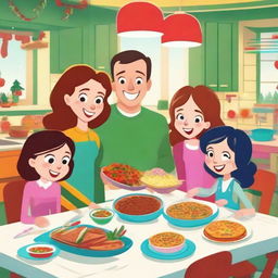 Two cartoon parents, along with their three teenage daughters, cheerfully preparing a festive meal and swapping gifts, inside a vibrant and colourful kitchen setting befitting of a heartwarming animated holiday special