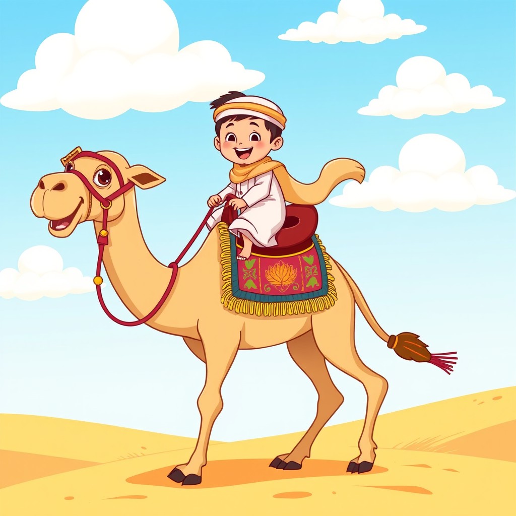 A vibrant cartoon scene showcasing a joyful Arabic child riding a cheerful camel in a sunny desert landscape
