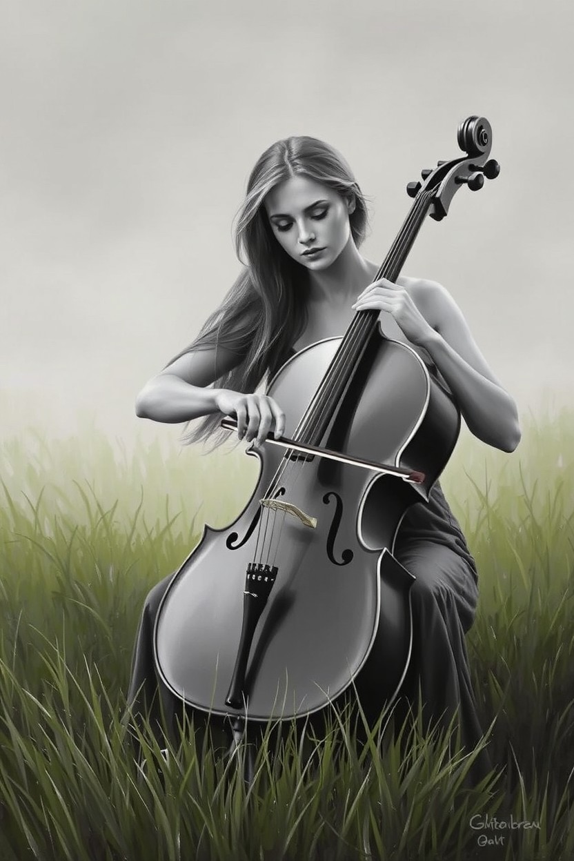A grayscale oil painting of a woman seated gracefully in a lush green field, playing a cello