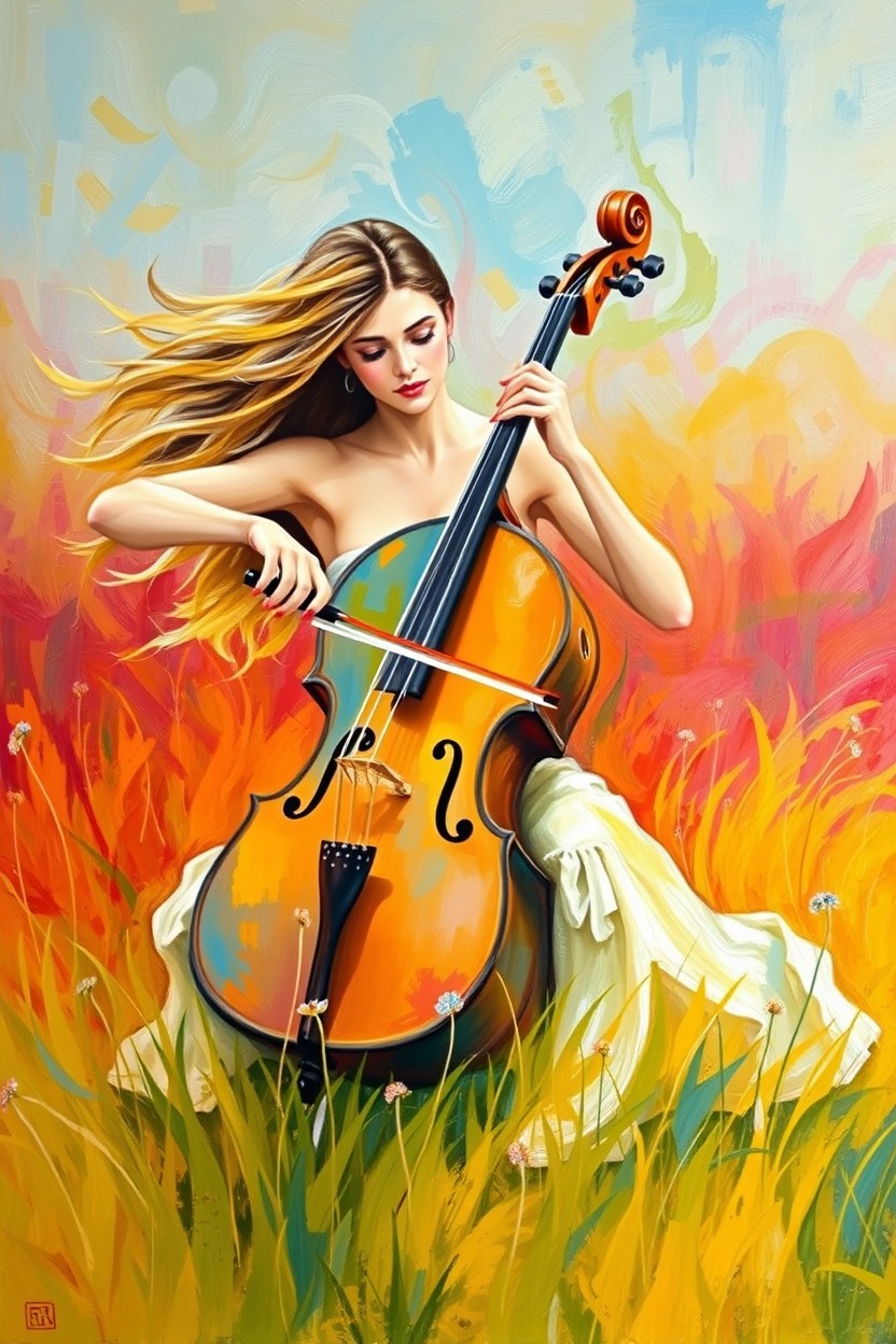 An abstract oil painting in the style of Master Prince, depicting a woman seated in a vibrant field, engrossed in playing a cello