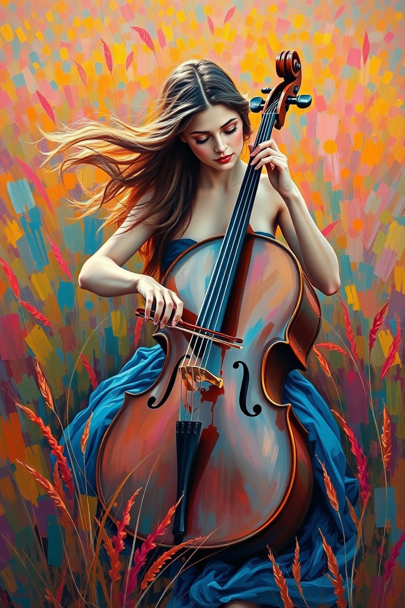 An oil painting in the vibrant style of Leonid Afremov, showcasing a woman seated in a colorful field, beautifully playing a cello