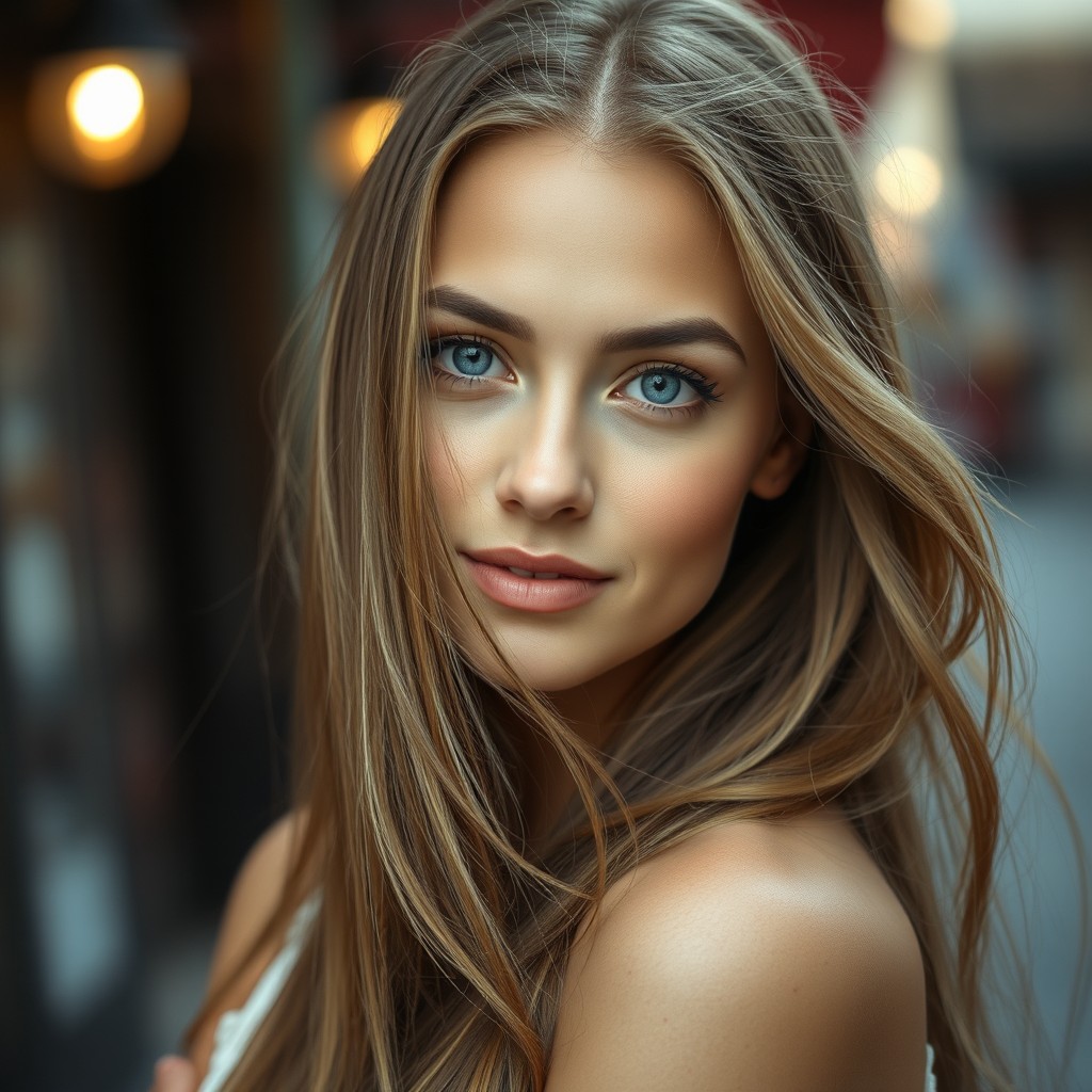 A striking portrait of a stunning Eastern European woman with long flowing hair, soft features, and captivating eyes
