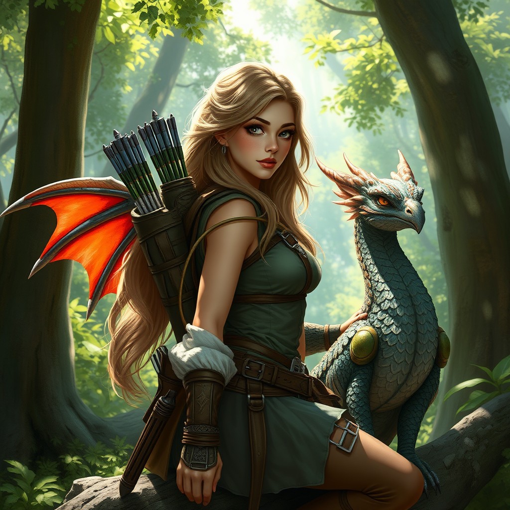 A stunning female ranger character from a Dungeons and Dragons setting, accompanied by a majestic drake
