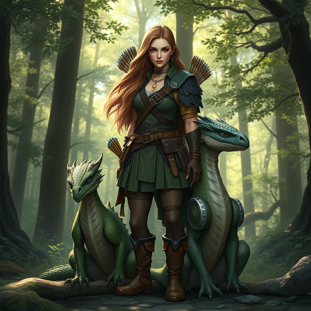 A striking female ranger character from a Dungeons and Dragons setting, standing proudly next to a unique wingless drake