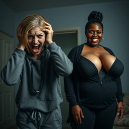 In a dimly lit room, a scene unfolds with two women