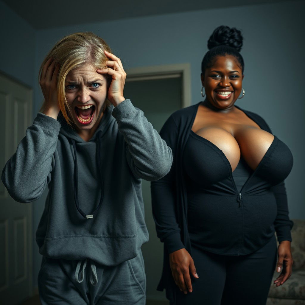 In a dimly lit room, a scene unfolds with two women