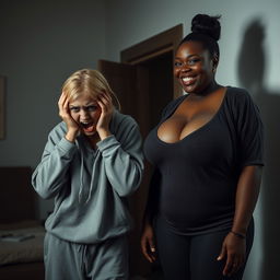 In a dimly lit room, a scene unfolds with two women