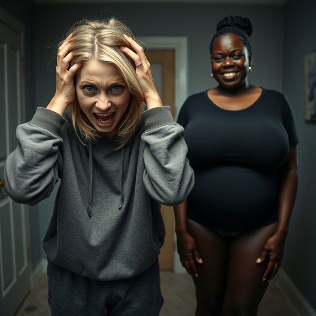 In a dimly lit room, a scene unfolds with two women