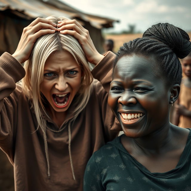 In a poor African village, a dramatic scene takes place featuring two women