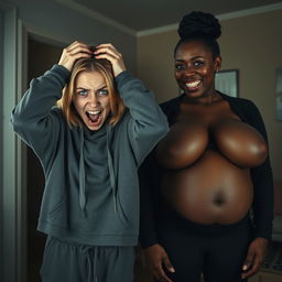 In a dimly lit room, the scene features a contrasting portrayal of two women