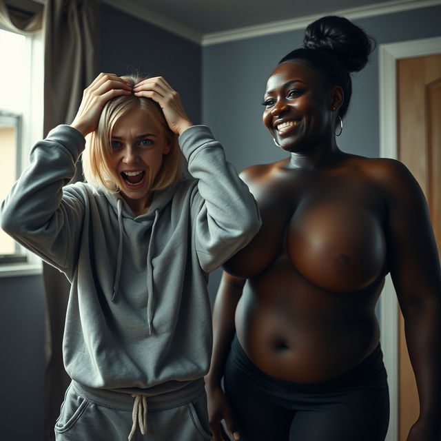 In a dimly lit room, the scene features a contrasting portrayal of two women