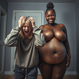 A dramatic scene set in a room featuring a young woman with medium-length blonde hair, appearing malnourished, aged 22, with blue eyes